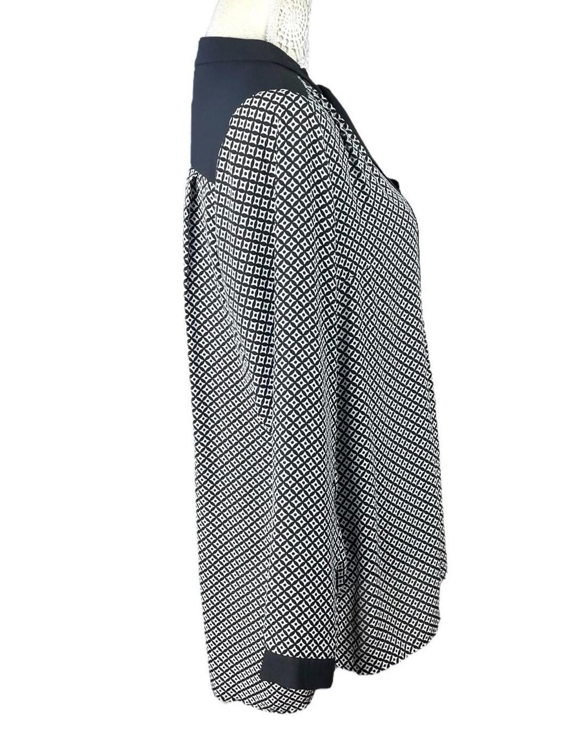 Marks & Spencer Black Marks & Spencer Long Sleeve Blouse Women's UK Size 14 Tie Neck Geometric Print