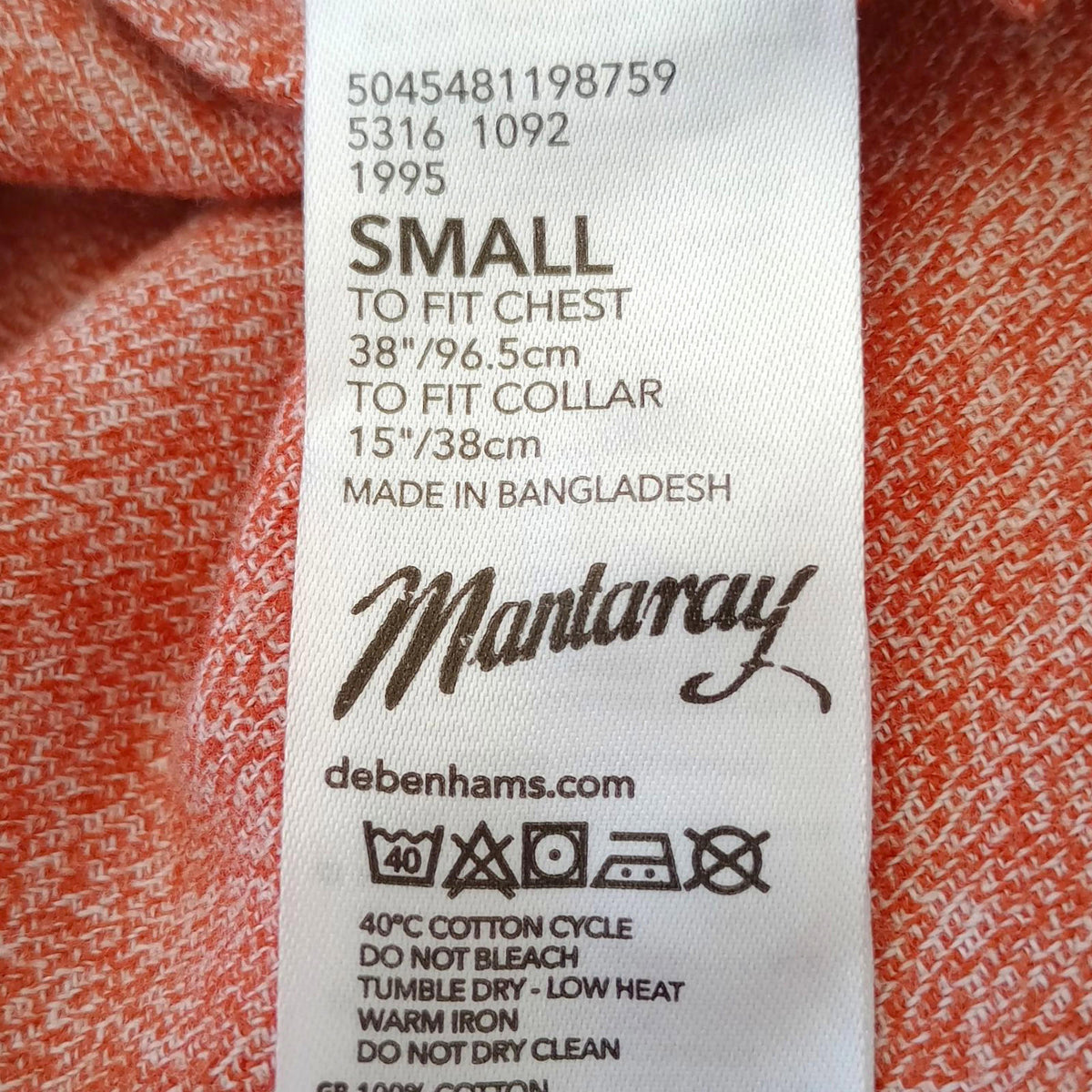 Mantary Shirt Orange Long Sleeved Pocket 100% Cotton UK Men's Size S
