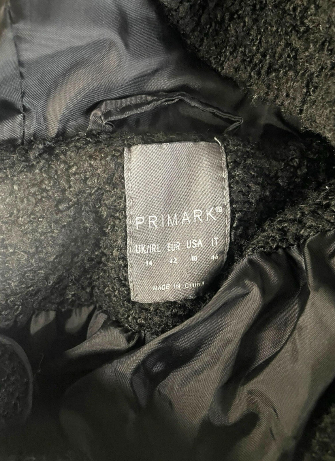 Primark Black Teddy Fleece Coat Mid Length Hooded Women's UK Size 14