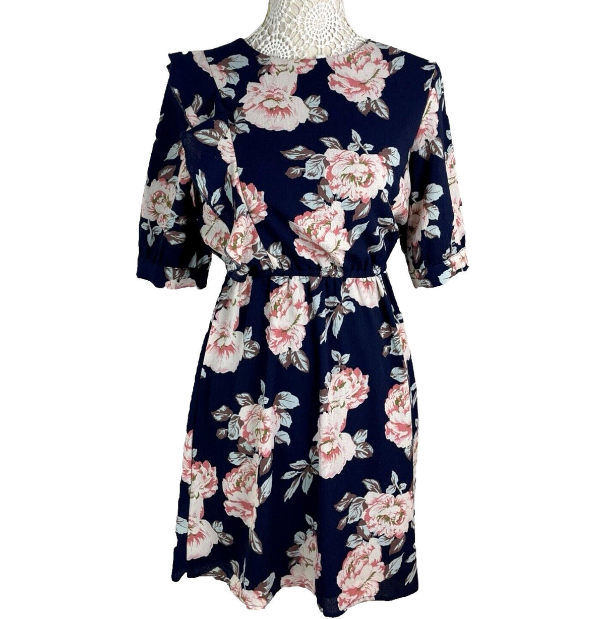 Urban Bliss Midi Dress Navy Floral High Neck Elastic Waist Women's UK Size 10
