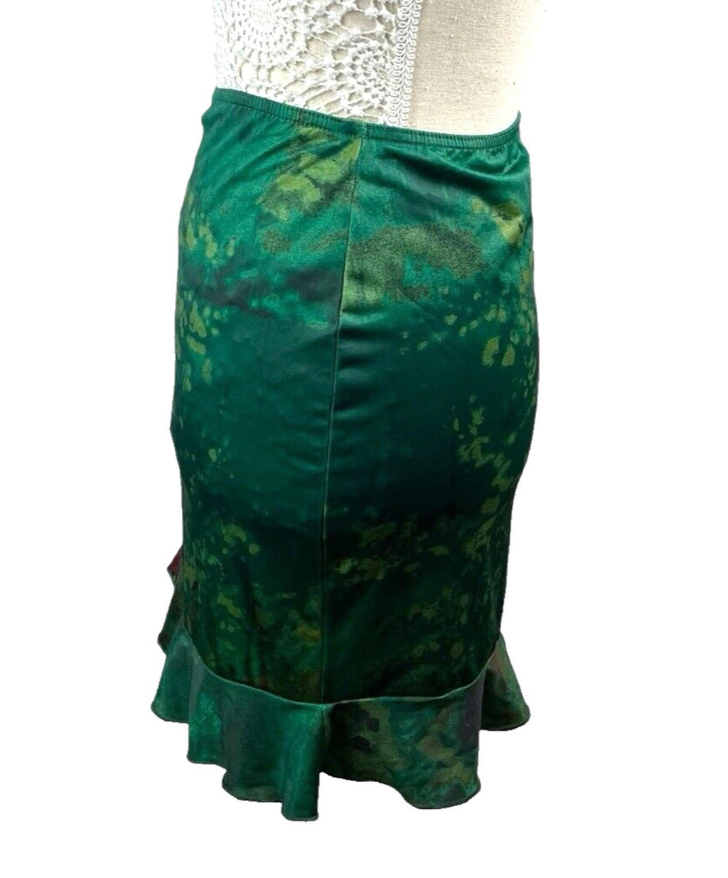 Manor Mini Skirt Dark Green Satin High Waist Frilled Hem Women's UK Size 8
