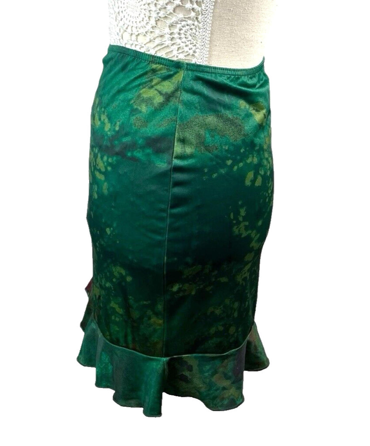 Manor Mini Skirt Dark Green Satin High Waist Frilled Hem Women's UK Size 8