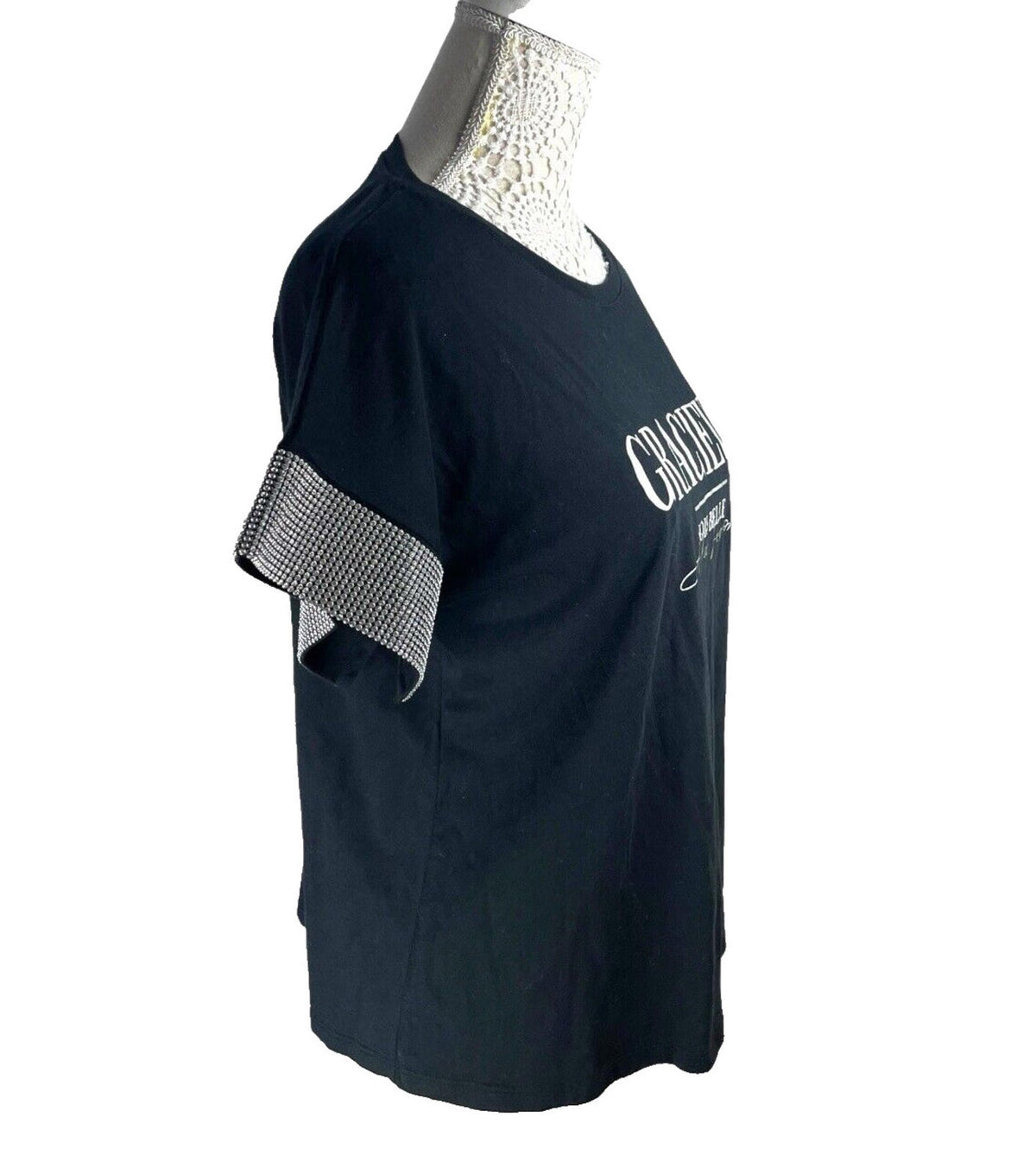 River Island T-shirt Top Diamante Sleeve Detail Women's UK Size 14