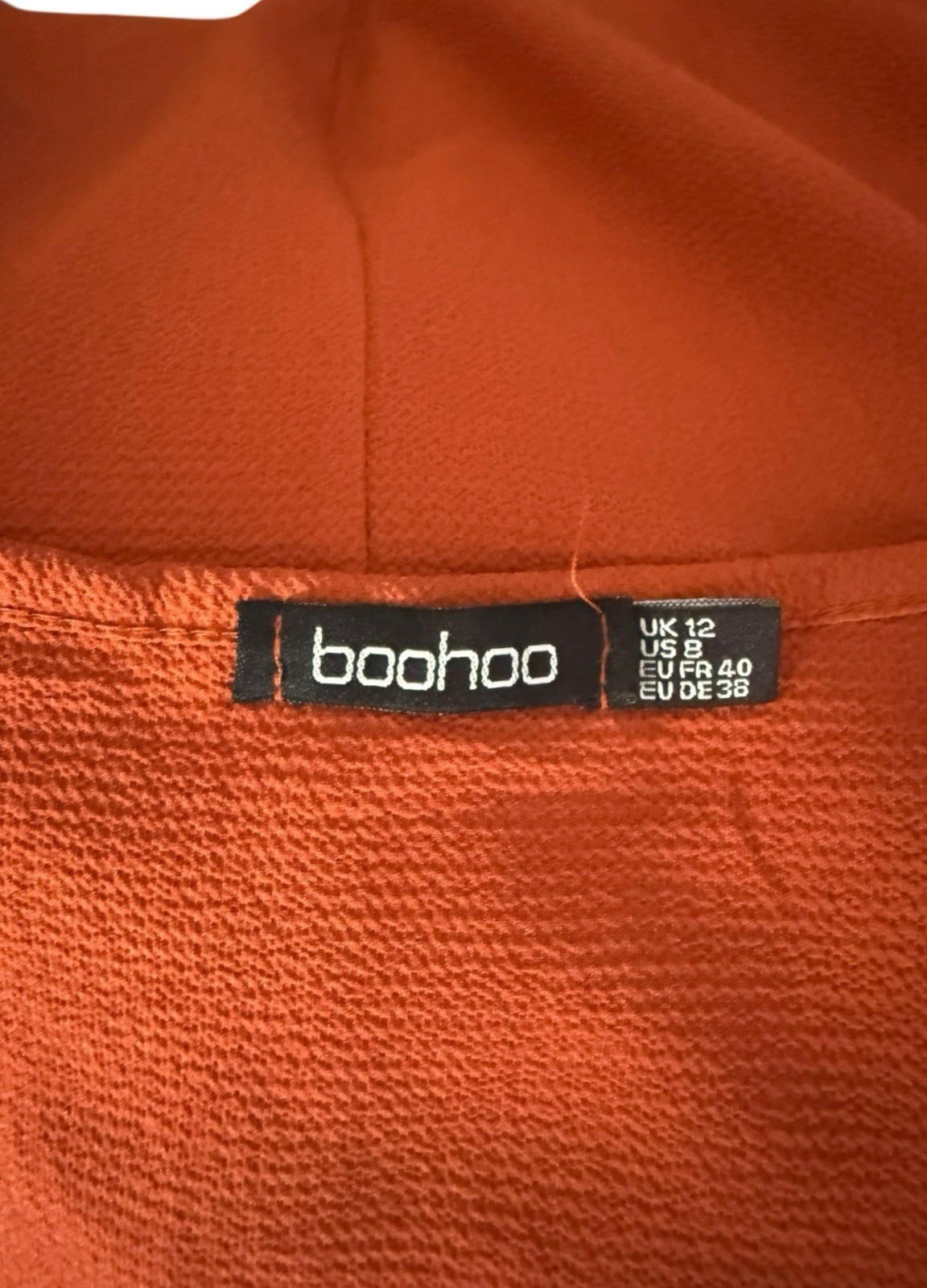 Boohoo Burnt Orange Mini Dress V Neck 3/4 Sleeve Women's UK Size 12