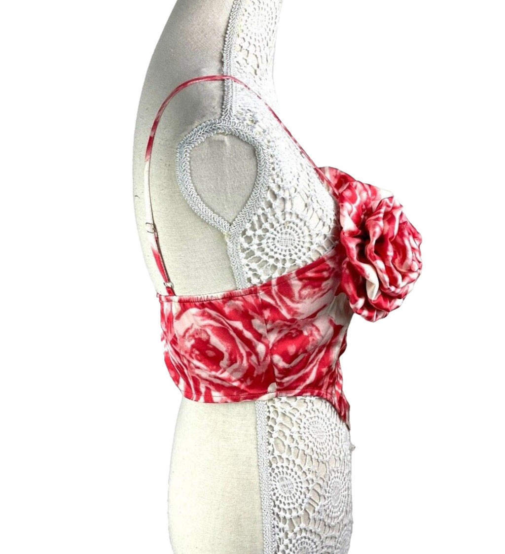 Pretty Little Thing Red & Cream Satin Flower Crop Top Women's UK Size 8