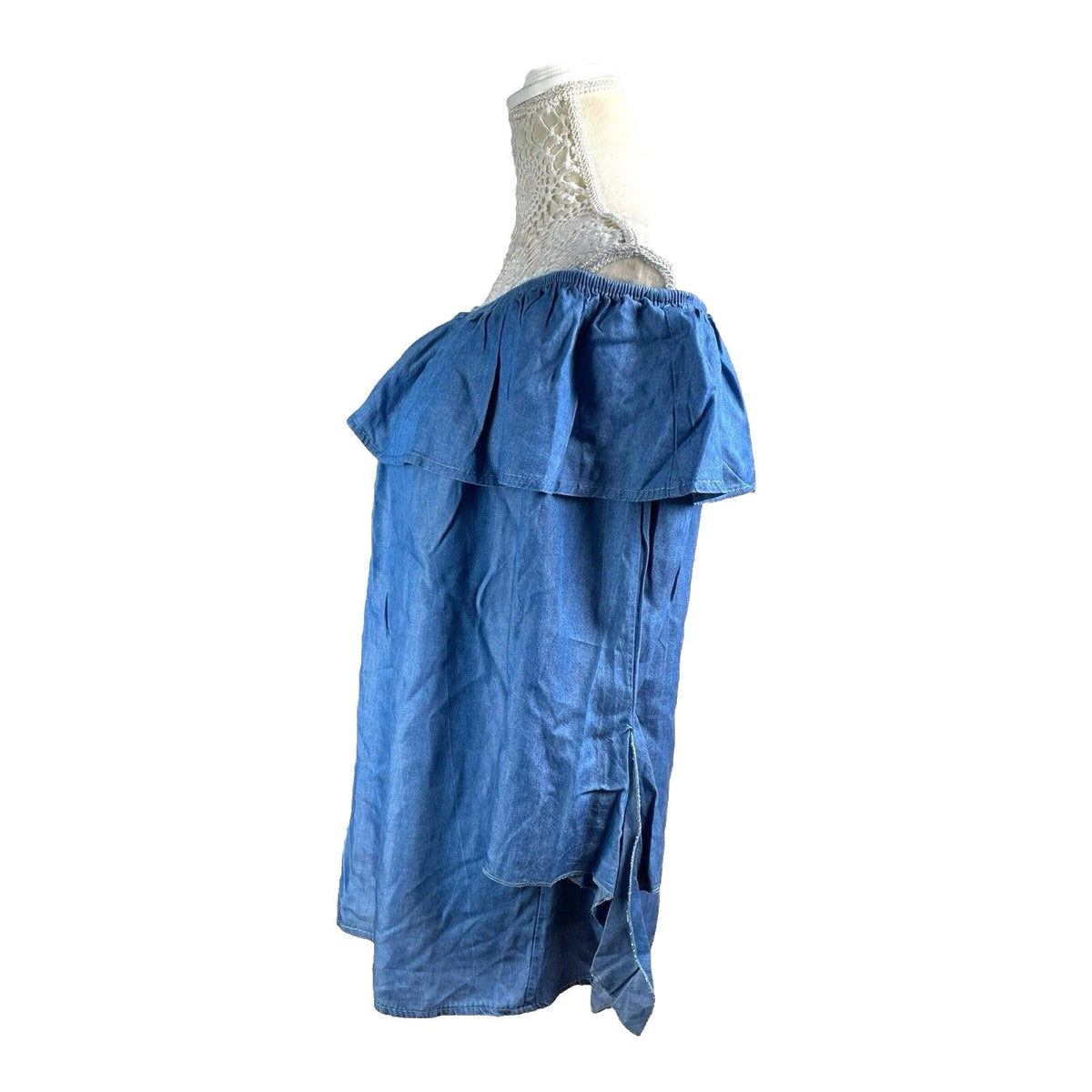 Quiz Off-Shoulder Blouse Women's UK Size M-L Blue Denim Style Ruffle Long Sleeve