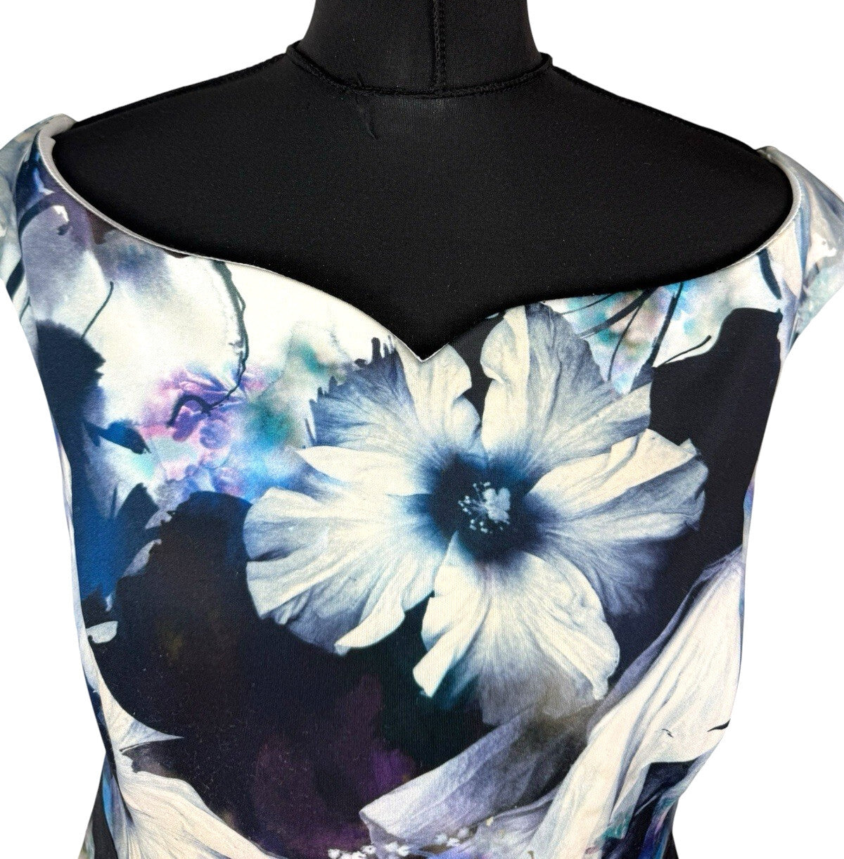 COAST Floral Wiggle Dress UK 16 Blue Black Scuba Bodycon Midi Wedding Guest