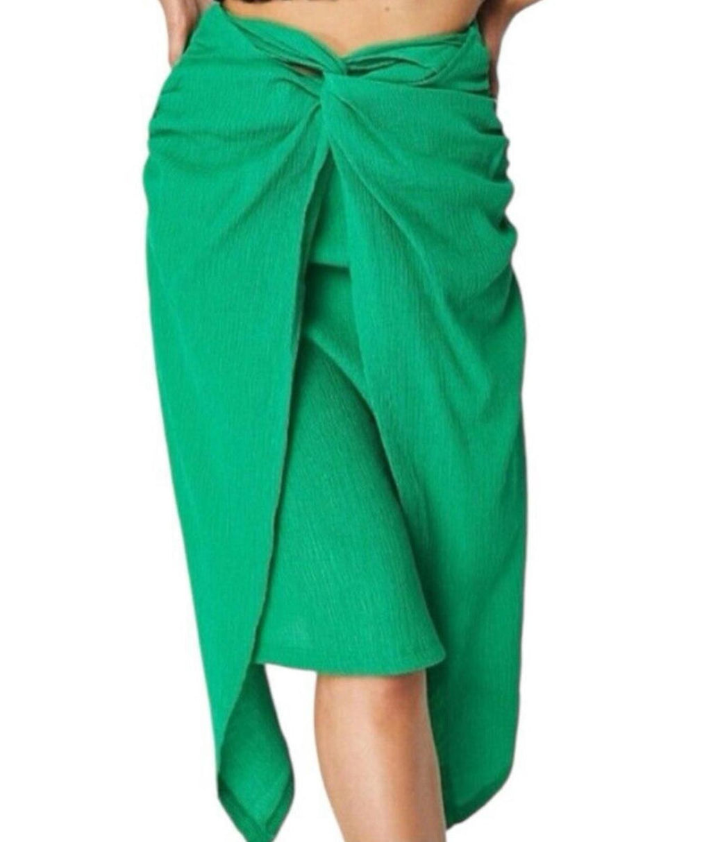 Stradivarius Green Knot Front Midi Skirt Crinkle Effect Women's UK Size XS