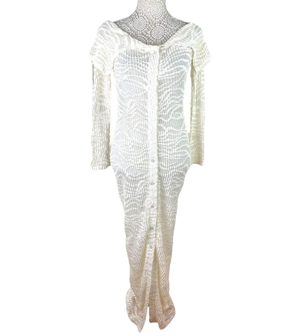 Maxi Dress Cream Textured Semi Sheer Shirt Dress Long Sleeve Women’s UK Size 8