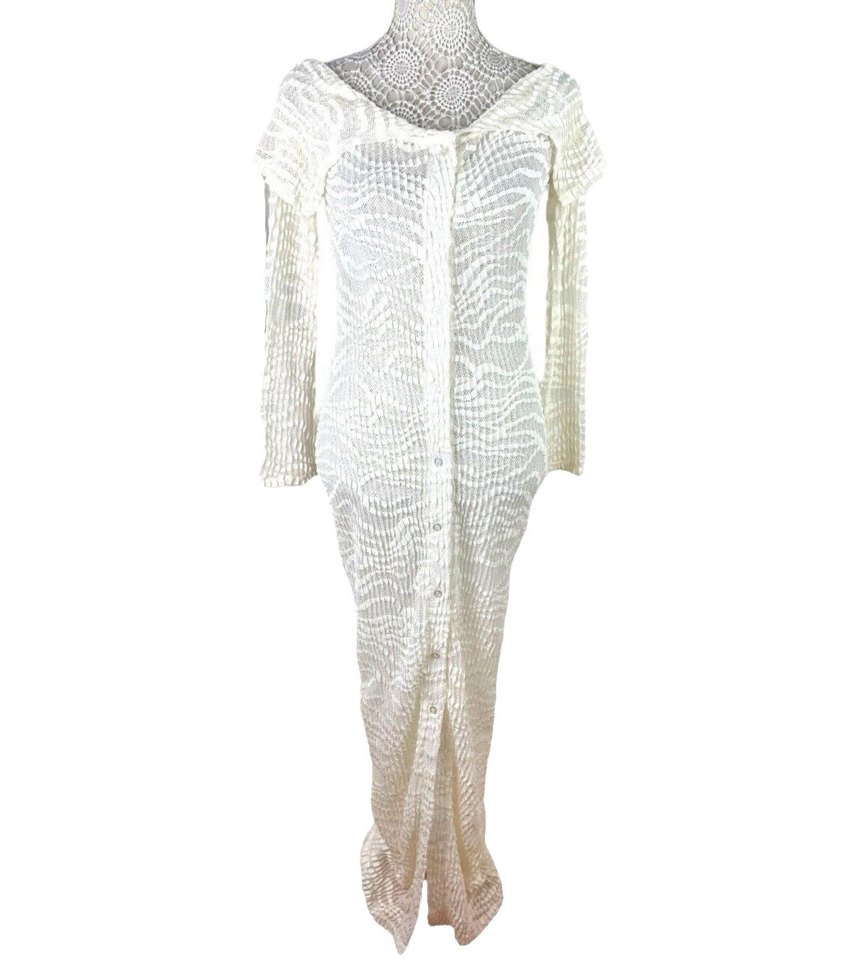 Maxi Dress Cream Textured Semi Sheer Shirt Dress Long Sleeve Women’s UK Size 8