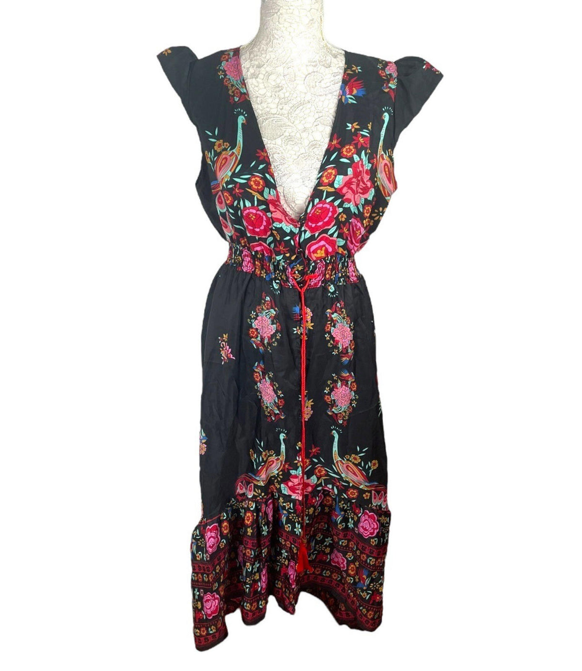 Floral & Peacock Maxi Dress Women's UK Size L Multi Length Button Down Front