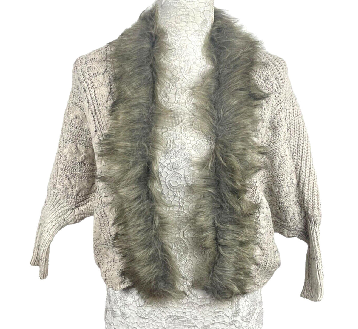 Floryday Beige Faux Fur Trimmed Knit Cardigan Sweater Women's UK Size S