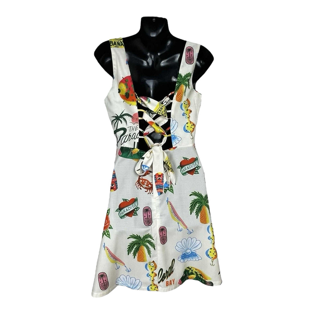 Comense White Comense Retro Summer Dress Women's UK Size M Lace Up Back Mini Multicolour Print