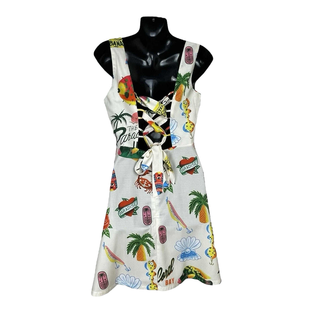 Comense White Comense Retro Summer Dress Women's UK Size M Lace Up Back Mini Multicolour Print