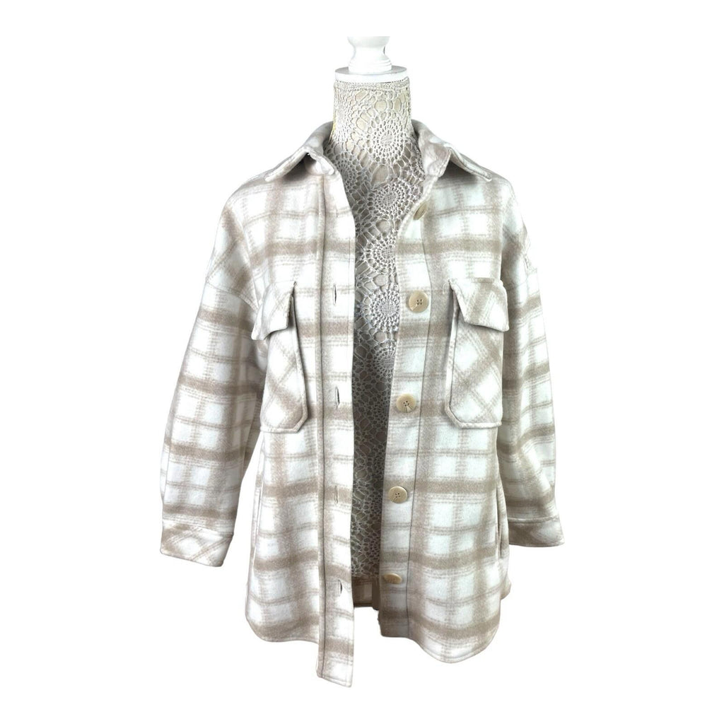 Stradivarius Beige Shirt Jacket Check Brushed Oversized Women's UK Size XS