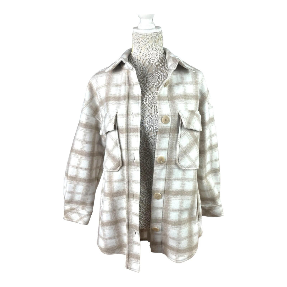 Stradivarius Beige Shirt Jacket Check Brushed Oversized Women's UK Size XS