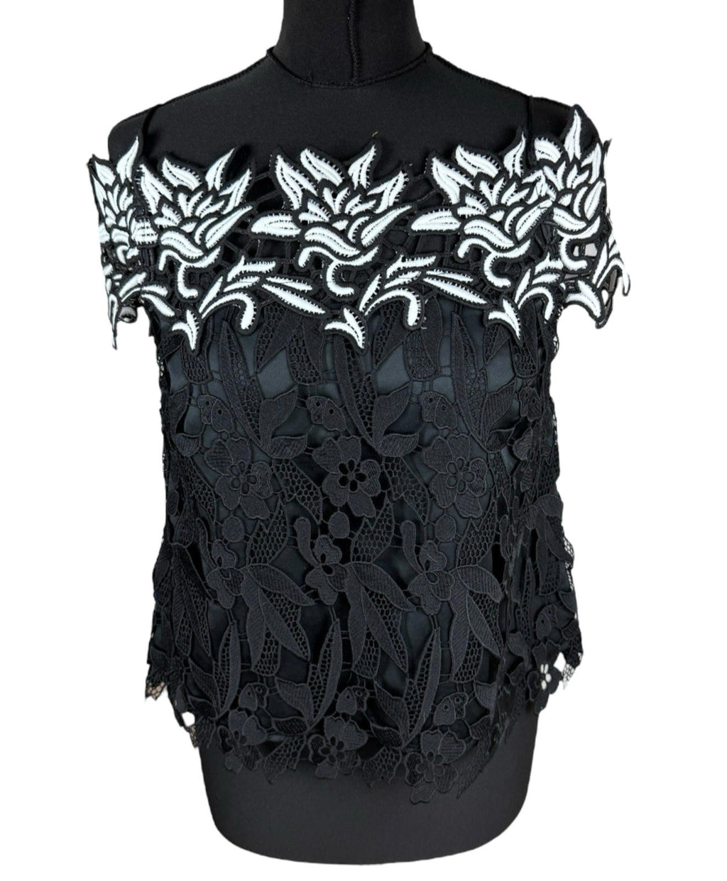TopShop Black Topshop Black White Floral Lace Tank Top Strapping Sleeve Women's UK Size 10