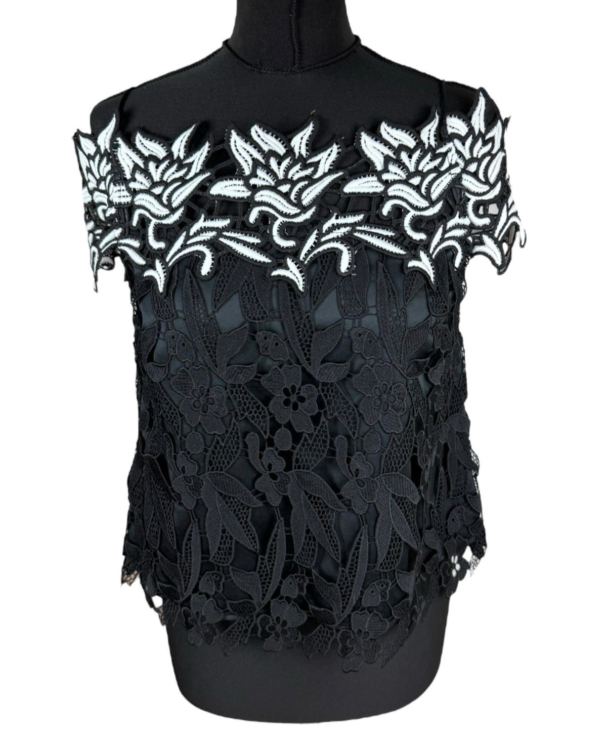 TopShop Black Topshop Black White Floral Lace Tank Top Strapping Sleeve Women's UK Size 10