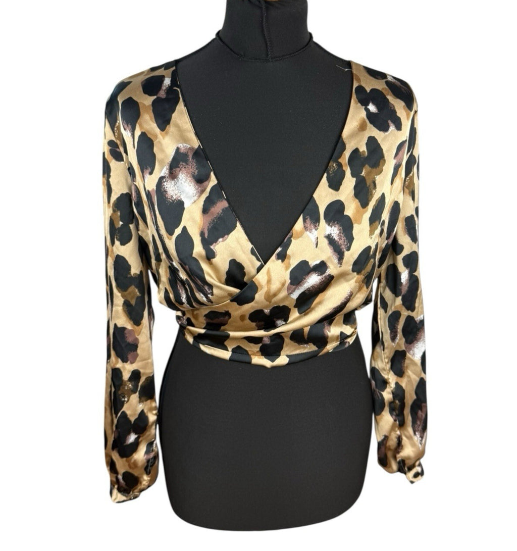 Boohoo Leopard Print Crop Top Women’s UK Size 12 Beige Satin Wrap Front Tie Back