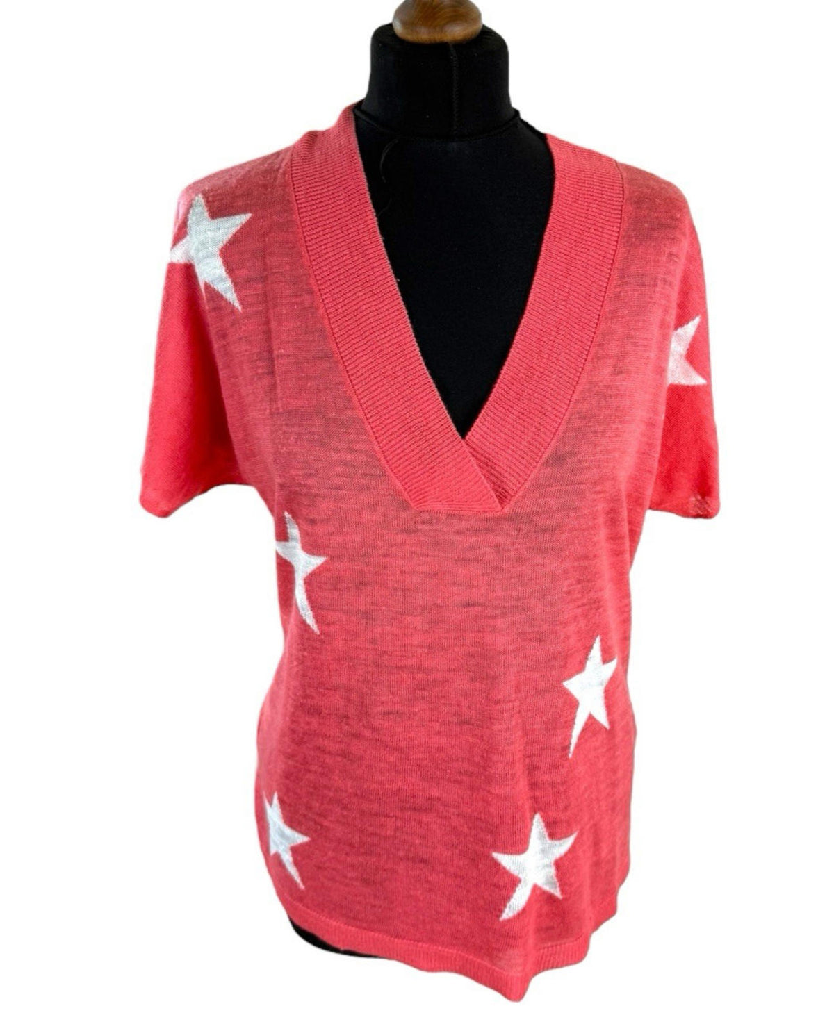 Next Coral Star Pink Knit T-Shirt Top Women's UK Size S Lightweight V-Neck Linen