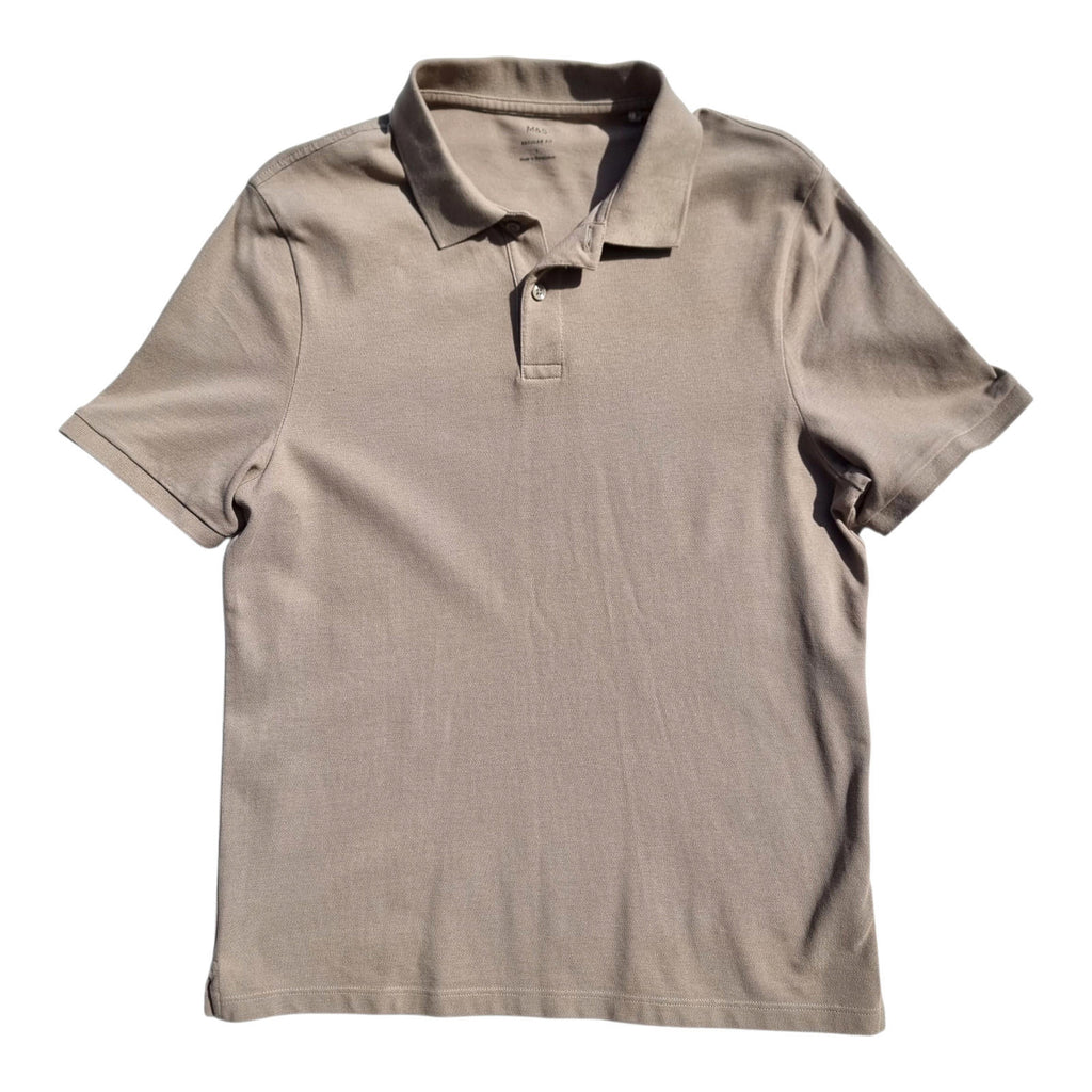Marks & Spencer Tan M&S Polo Shirt Men's UK Size L Beige Sand Short Sleeve 100% Cotton 41-43" Chest