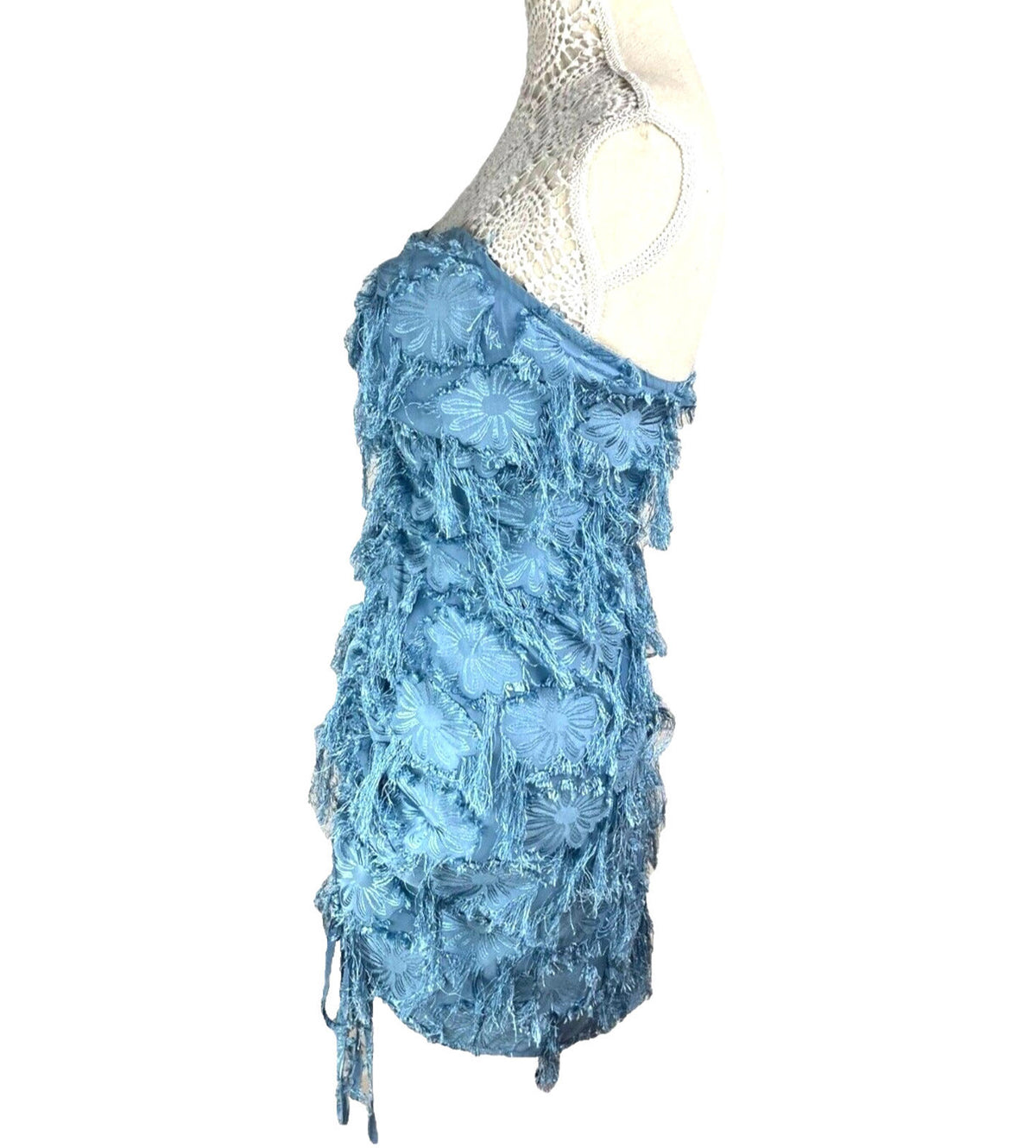 Pretty Little Thing Blue Faux Feather Off Shoulder Mini Dress Women's UK Size 8