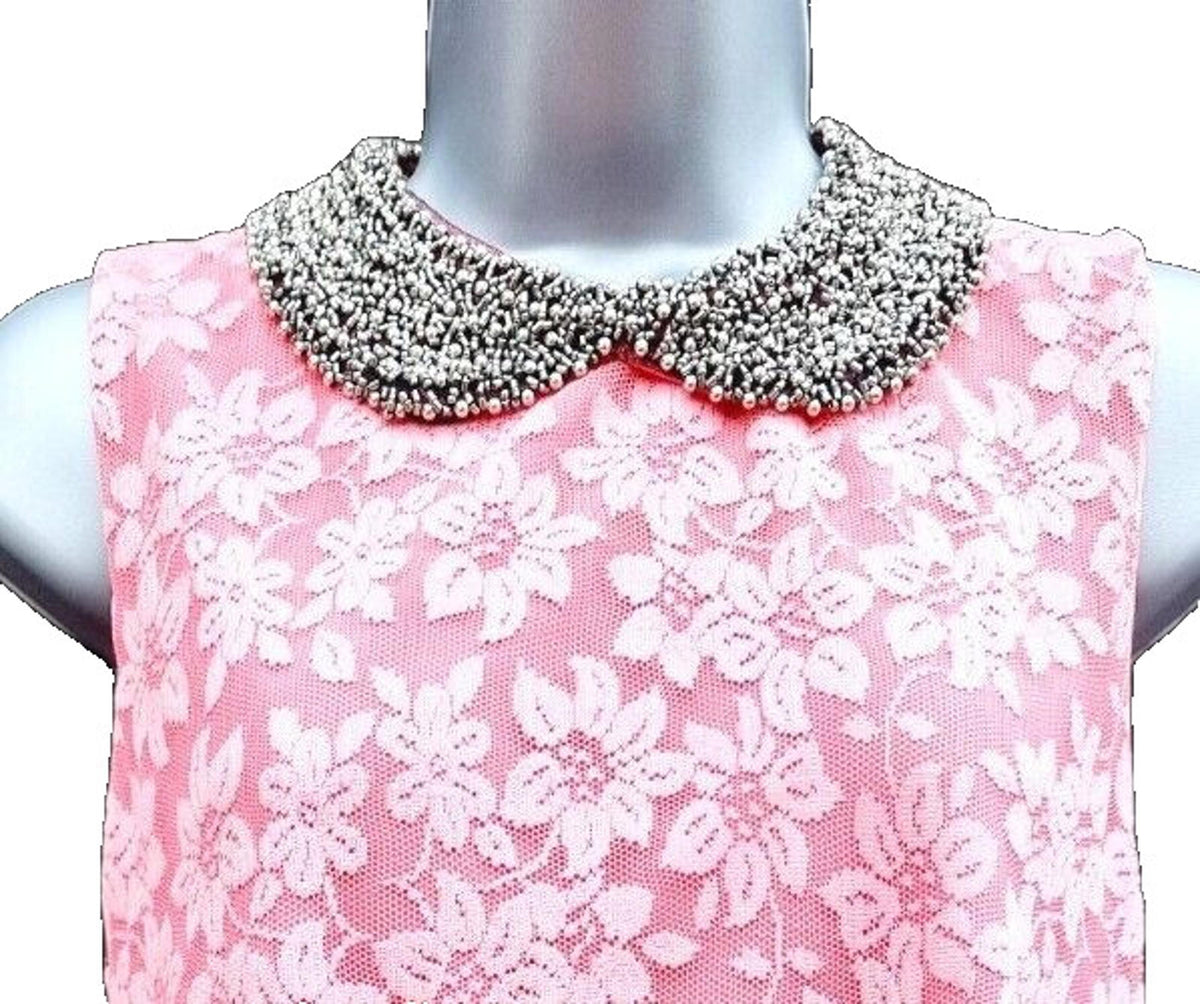 Select Mini Dress Women's UK Size 10 Pink Floral Lace Overlay Embellished Collar