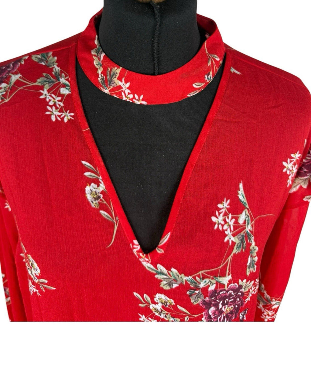 Primark Floral Blouse Women's UK Size 14 Long Sleeve Ruffled Cuffs Choker Neck