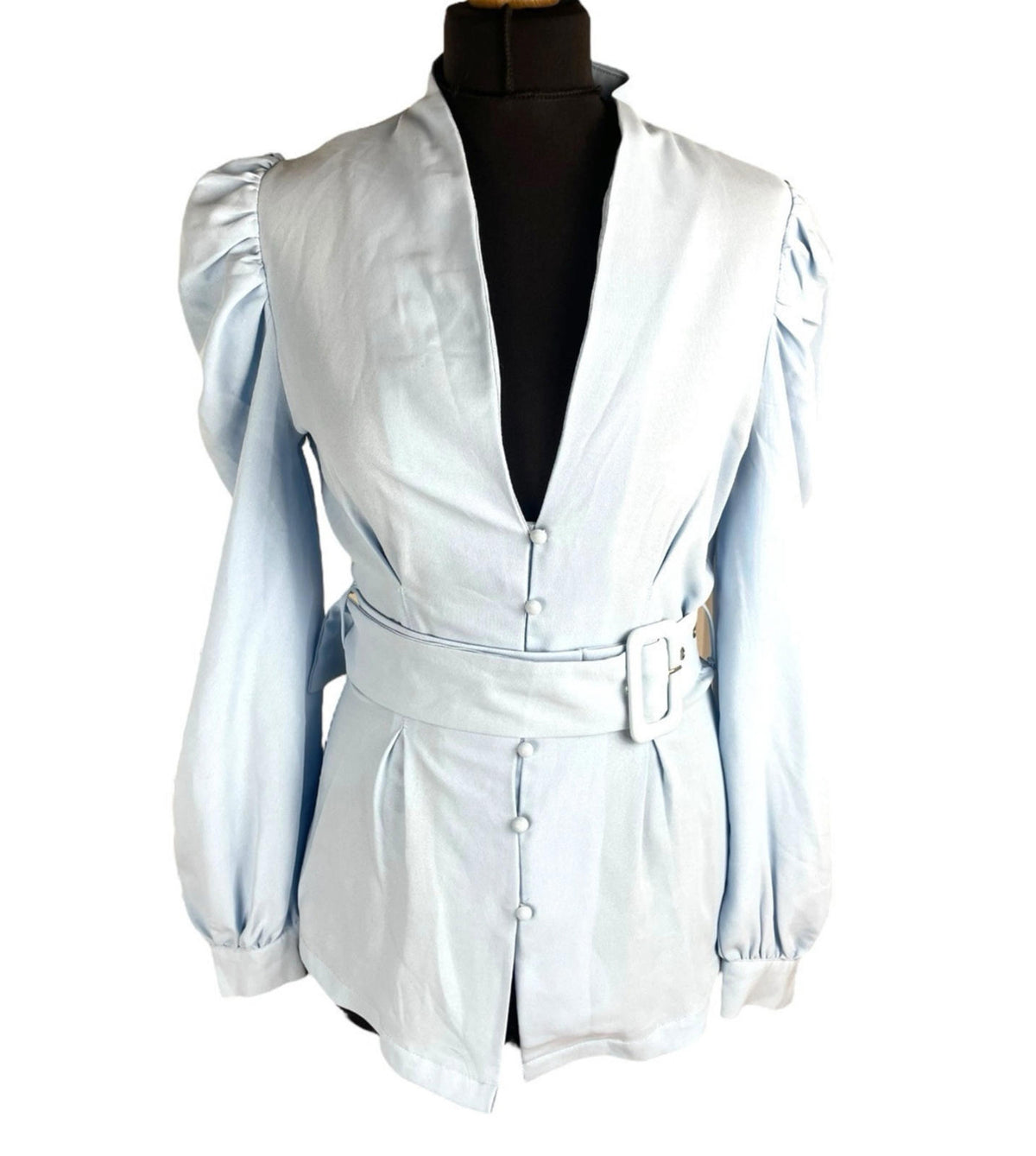 Style LightBlue In The Style Blouse Women's UK Size 10 Belted Waist Puff Shoulder Sleeves Plunge
