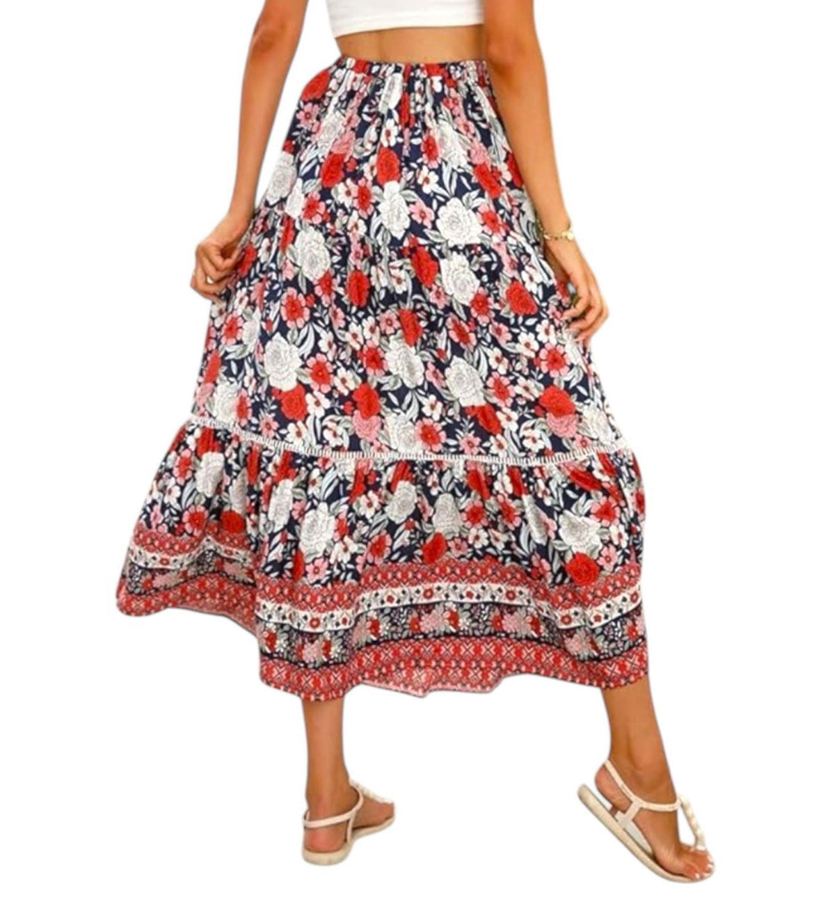 Bohemian Floral Swing Skirt Midi High Waist Women's UK Size L (12)