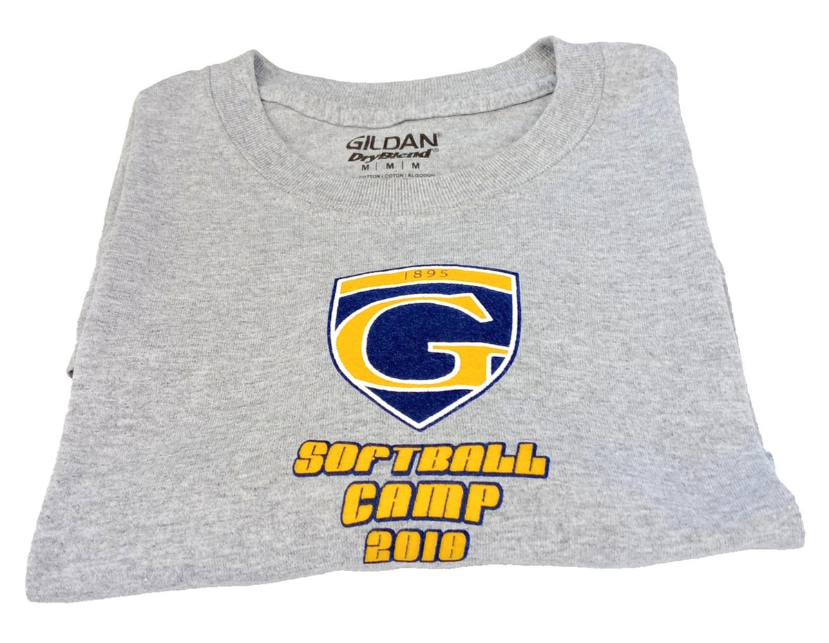 Gildan Gray Softball Camp Graphic Print T-Shirt Men's UK Size M Grey Crew Neck Cotton Mix