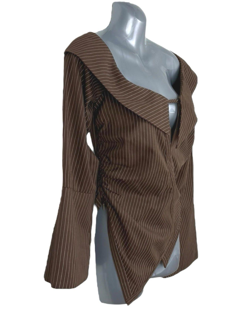 Pretty Little Thing Brown Pretty Little Thing Stripe Plunge Top Women's UK Size 8 Long Sleeve Shirt Blouse