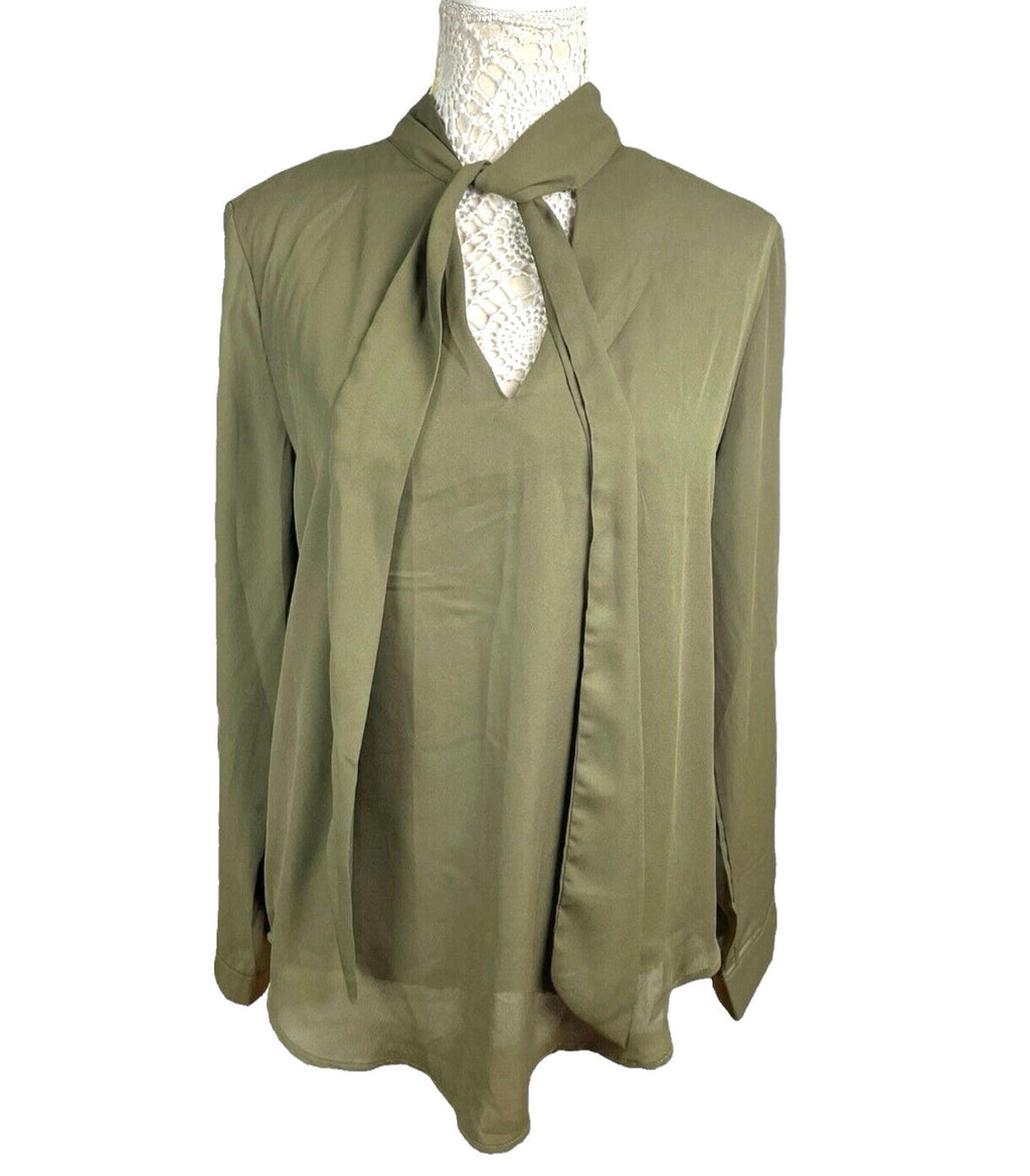 Yidarton Khaki Green Blouse Tie Neck Chiffon Women's UK Size L (14)