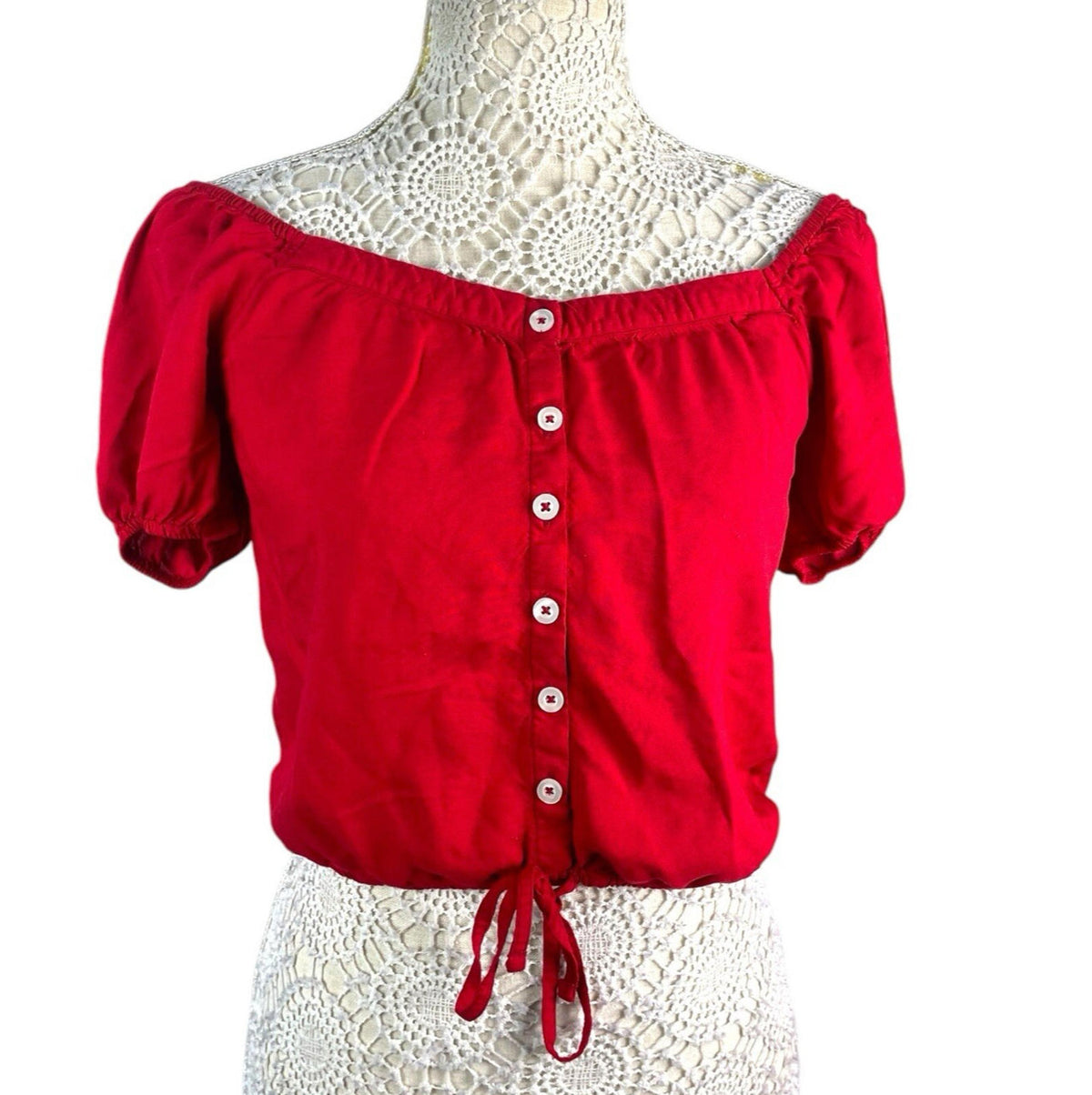 Hollister Red Crop Top Blouse Balloon Short Sleeve Women's UK Size XS
