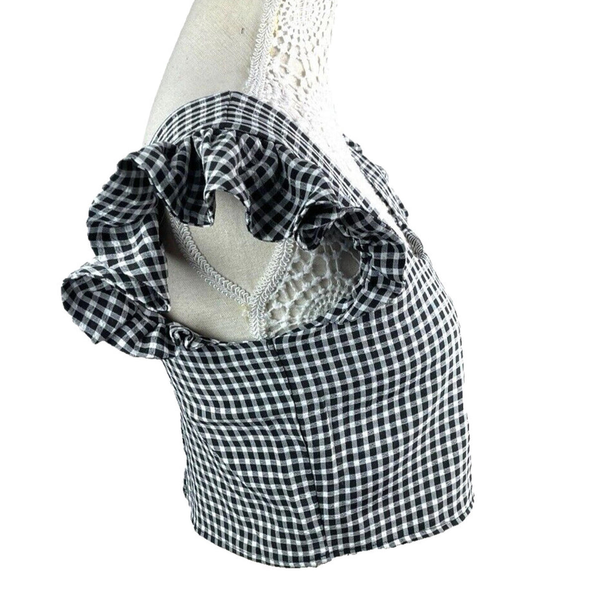 Figa Black Gingham Ruffle Sleeve Square Neck Blouse Women's UK Size 8 Cropped Black & White