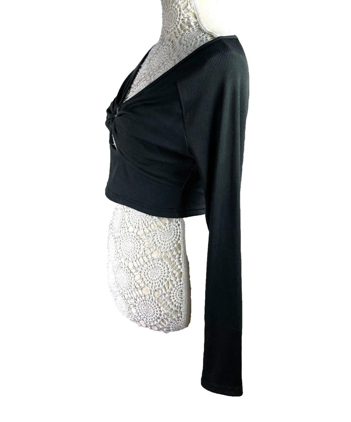 Shein Crop Top Women's UK Size L Black Ribbed Long Sleeve V-Neck Heart Cutout