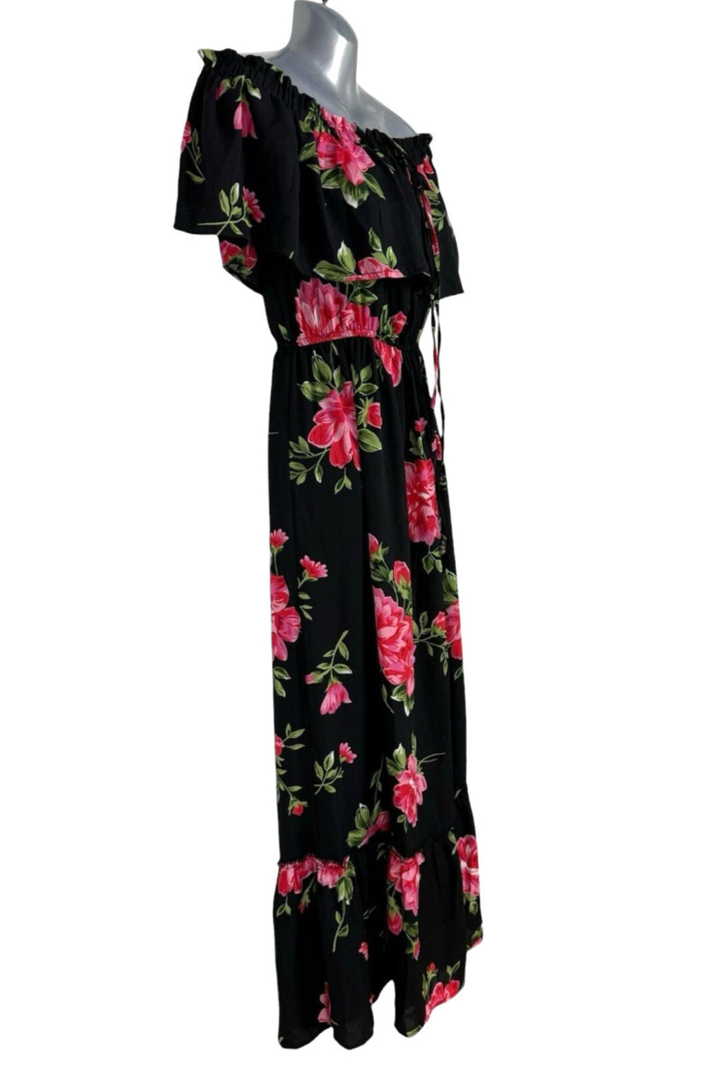 Atmosphere Floral Maxi Dress Women’s UK Size 4 Off Shoulder Black Pink