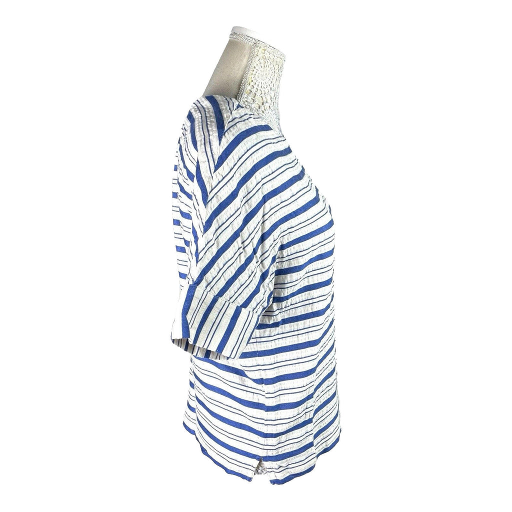 Per Una White Marks & Spencer Stripe T-Shirt Top Women's UK Size 10 Short Sleeve Linen Blend