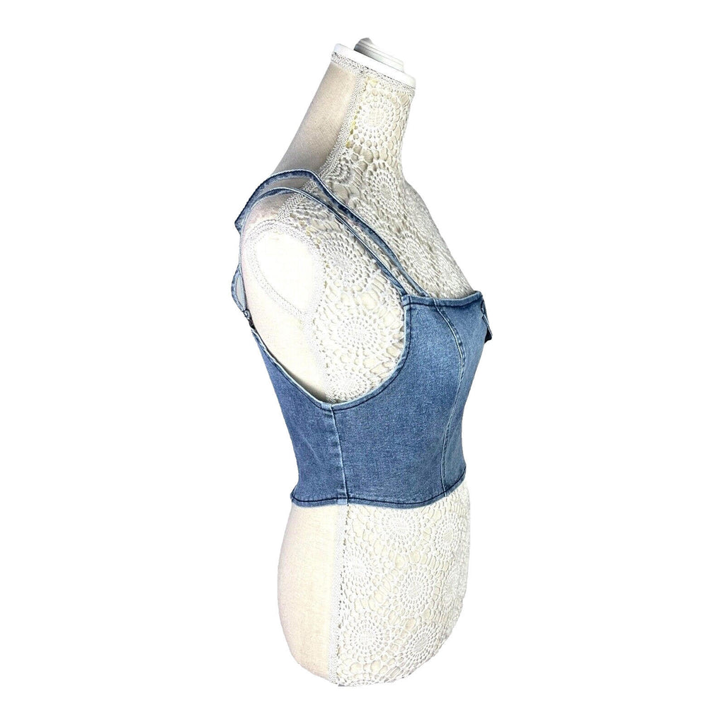 Blue Denim One Shoulder Asymmetrical Crop Top Mock Pocket Women's UK Size 8