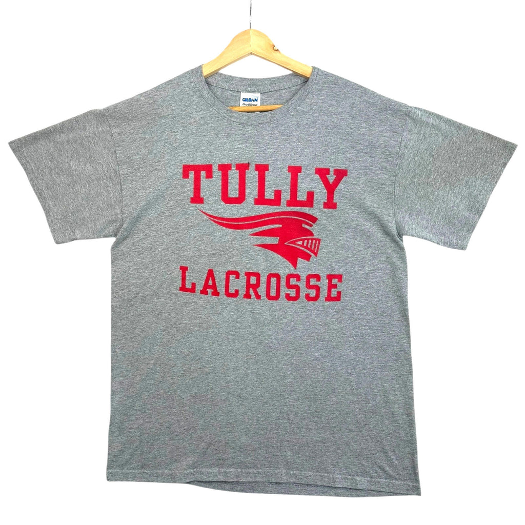 Gildan Gray Tully Lacrosse T-Shirt Men's UK Size M Grey Graphic Print Short Sleeve Crew Neck