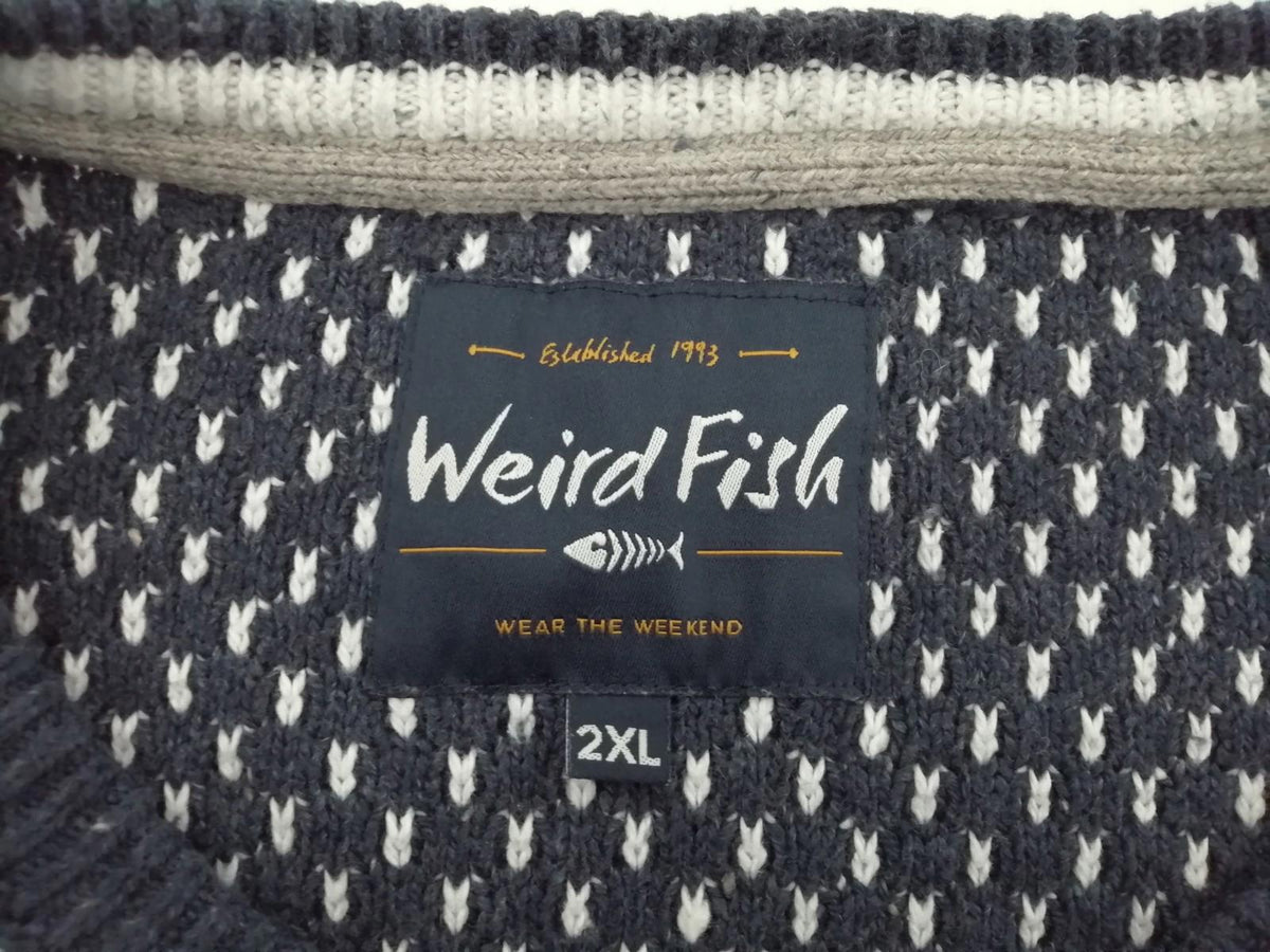 Weird Fish Chunky Knit Jumper Men's UK Size 2XL Navy White Crew Neck Sweater