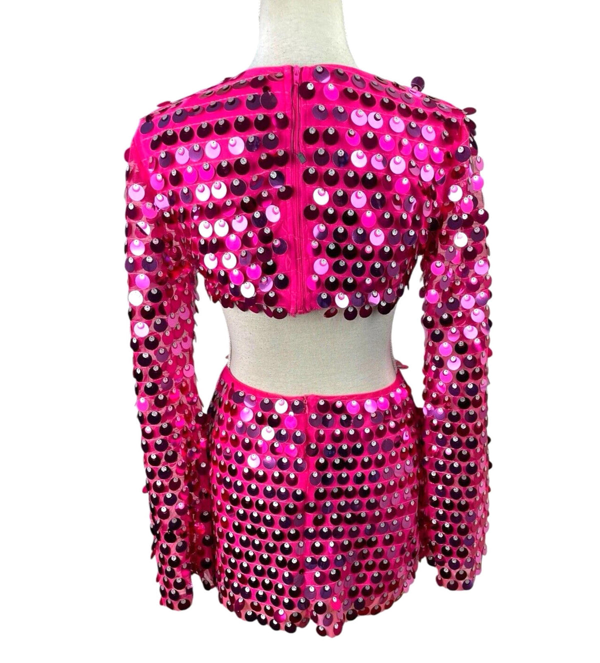 Bright Pink Big Sequin Cut Out Mini Dress Long Sheer Sleeve Women's UK Size 8-10
