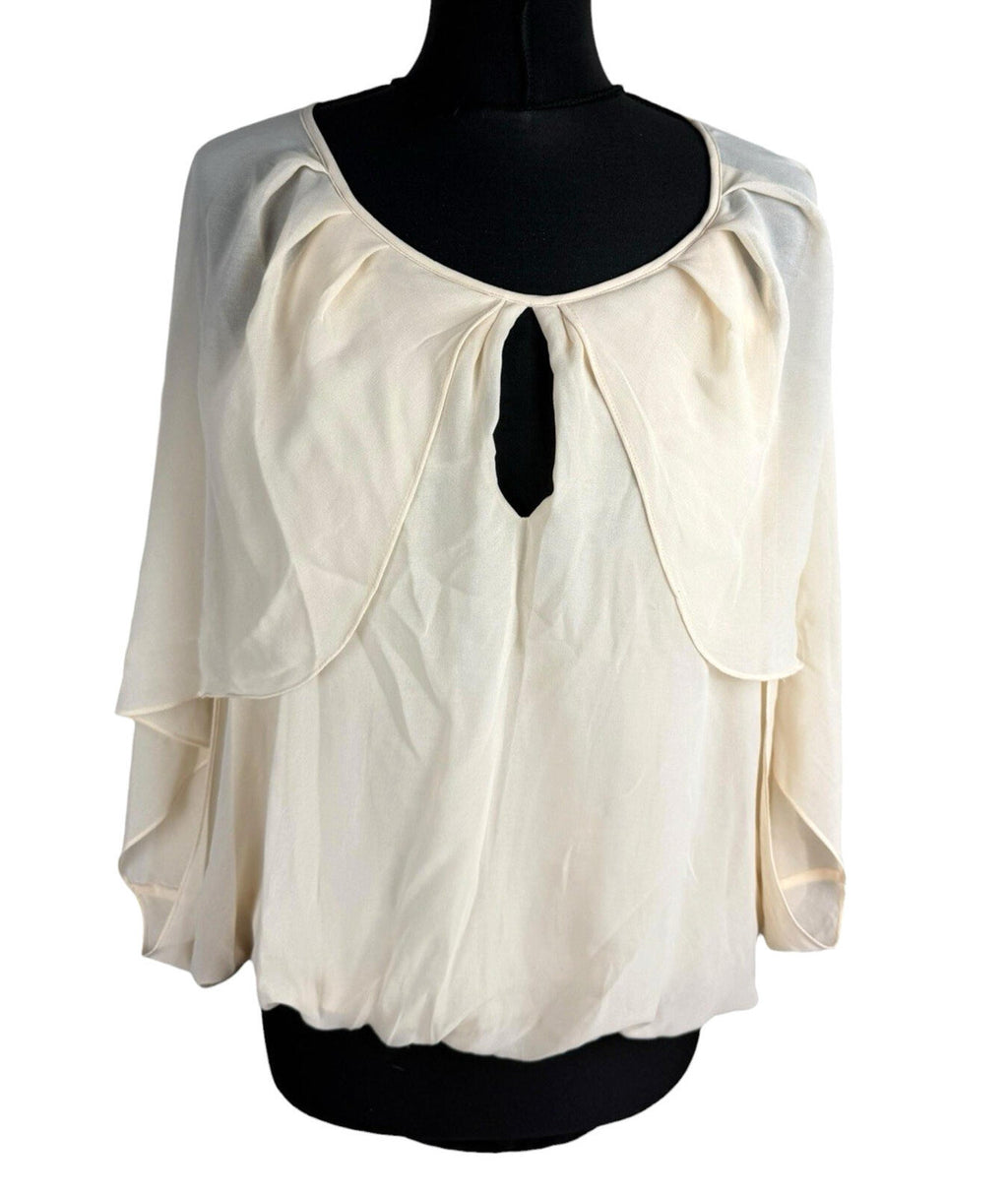 Warehouse Chiffon Layered Top Women's UK Size 10 Smocked Keyhole Front Beige