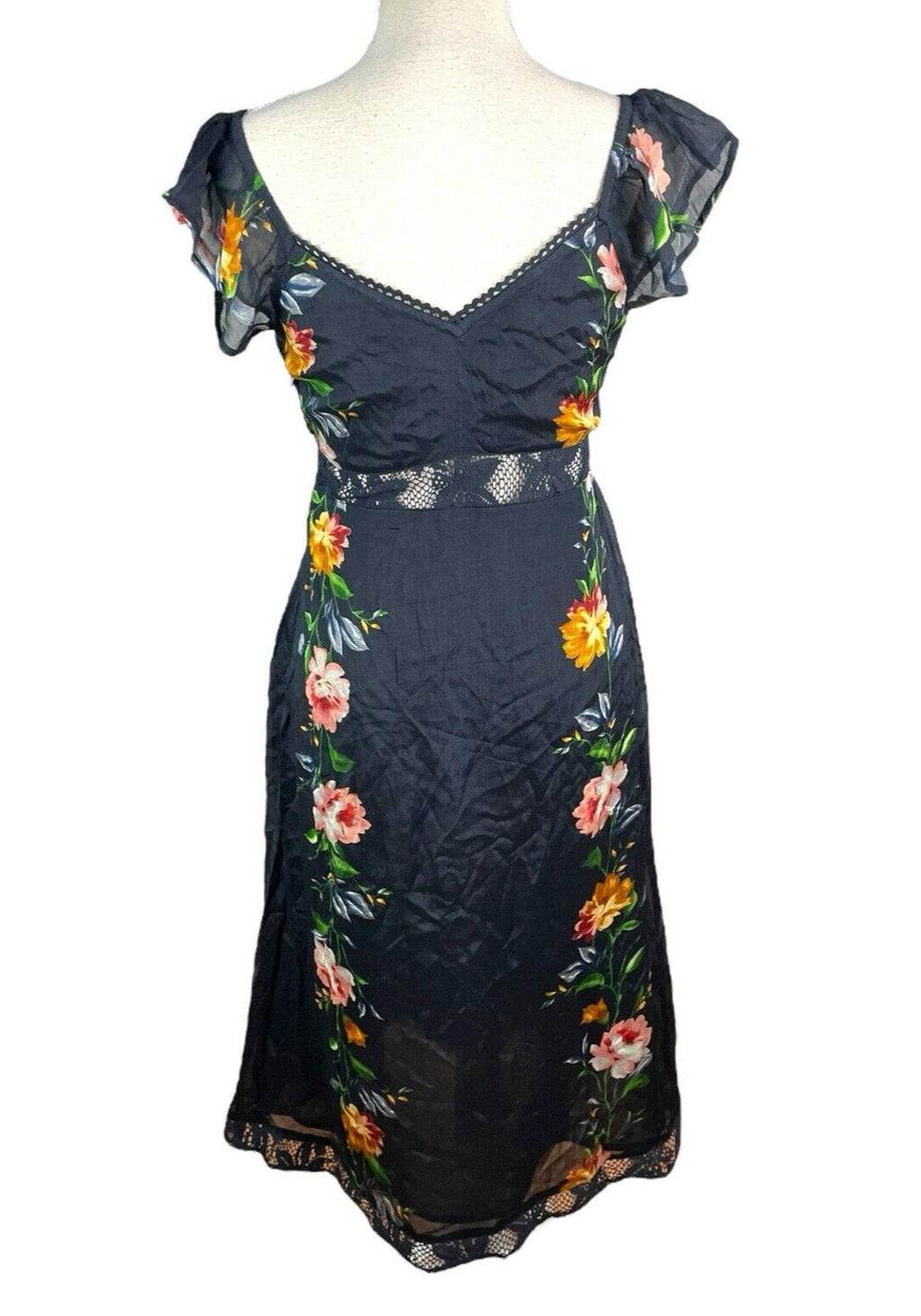 Black Floral Maxi Dress Lace Panels Women's UK Size 8