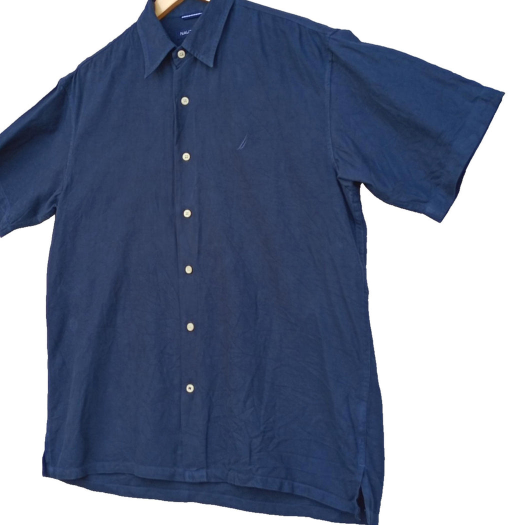 Nautica Shirt Men's UK Size M Blue Short Sleeve Silk Blend Easy Care Embroidered