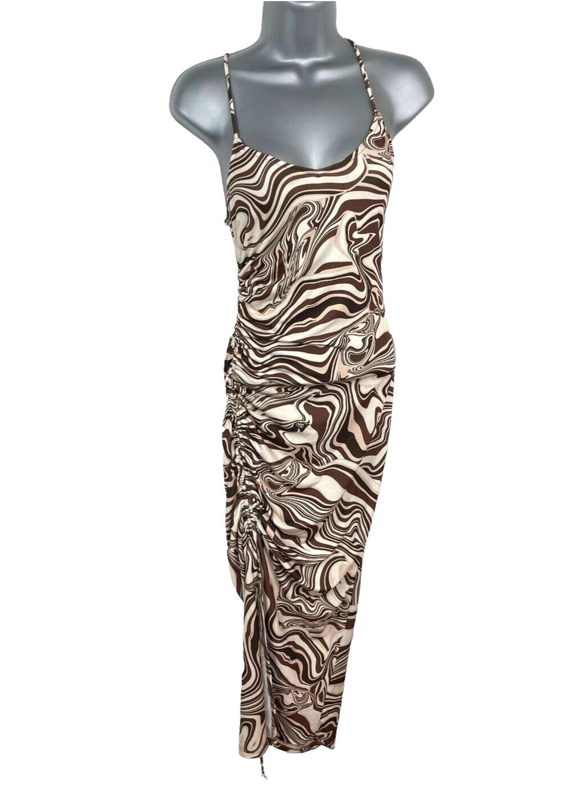 Bershka Maxi Dress Brown & Cream Ruched Side Slit Women's UK Size XS