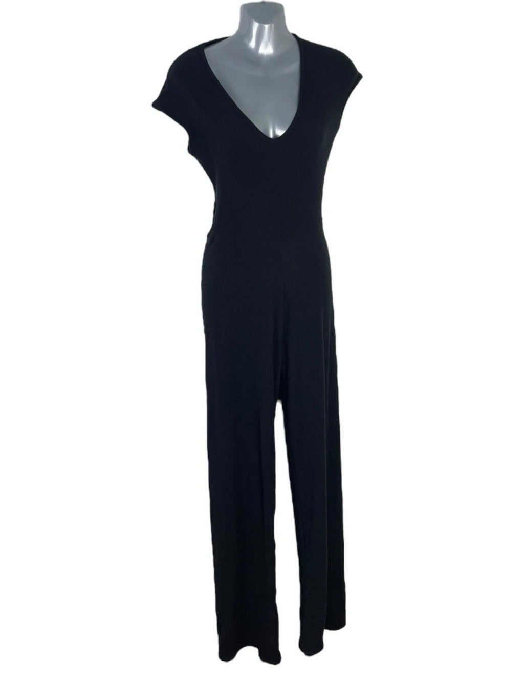 Black Ribbed Jumpsuit Wide Leg Stretch Women’s UK Size 8