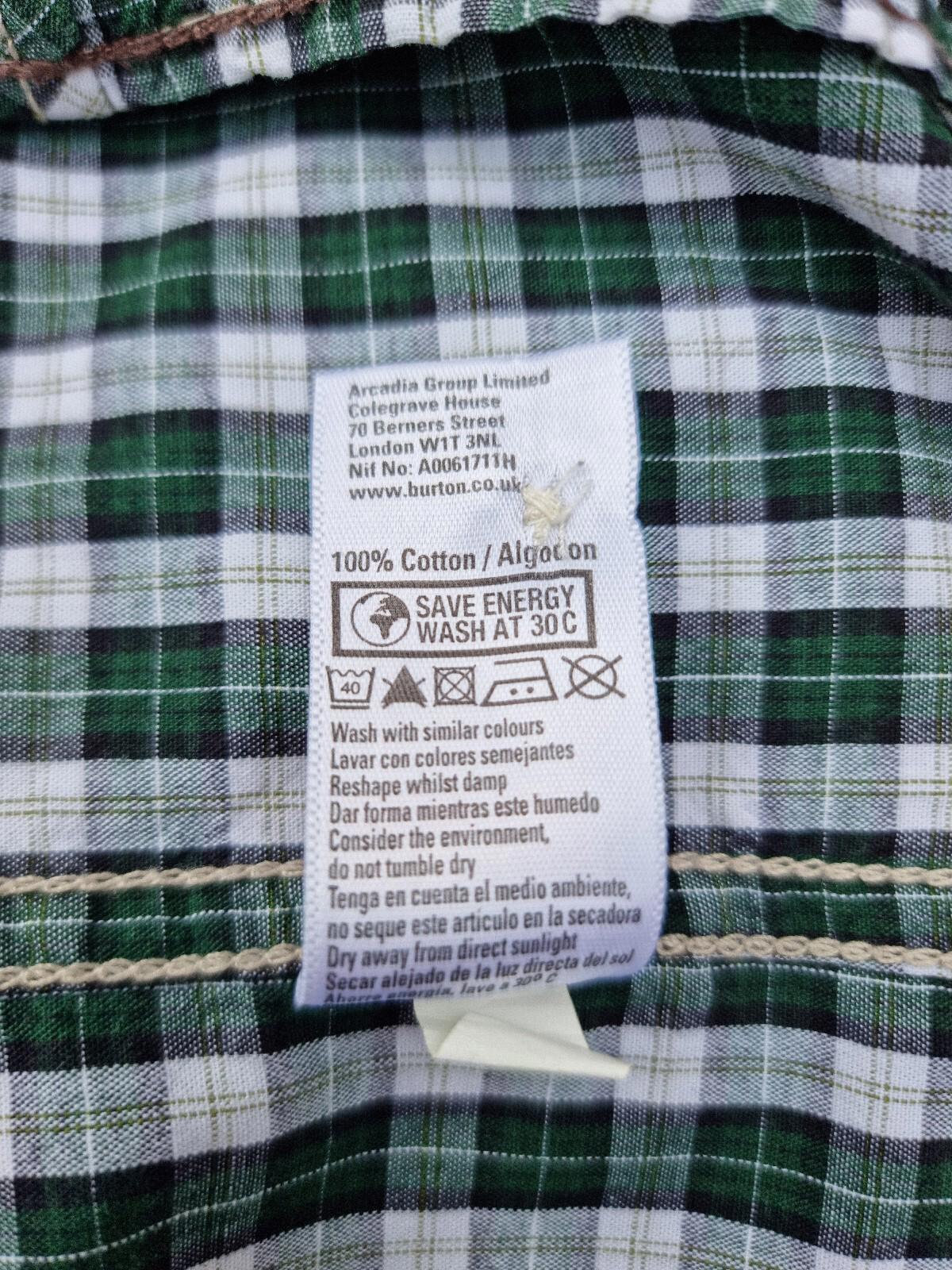 Burton Shirt Green Check Long Sleeve 100% Cotton Men's UK Size M Medium
