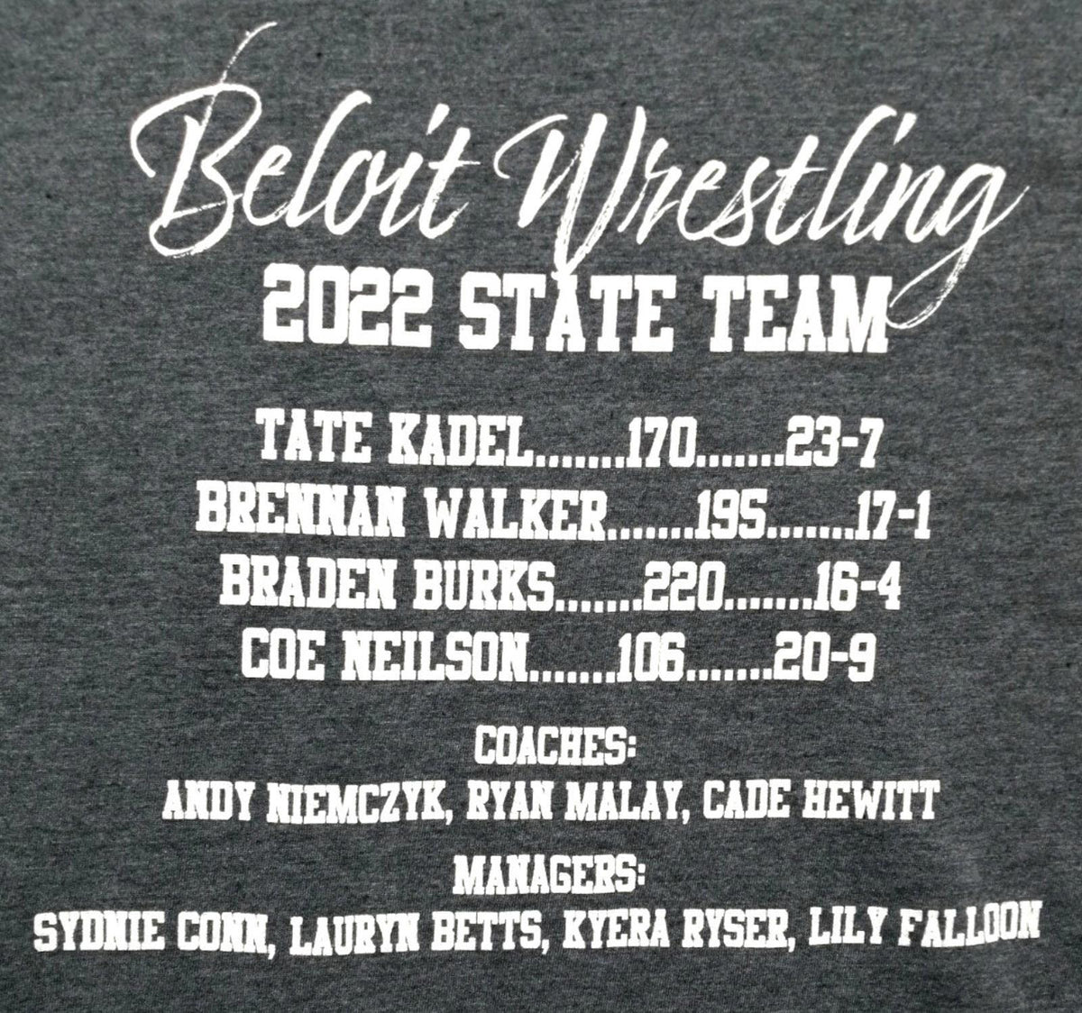 Gildan Gray Beloit Wrestling 2022 Graphic Print T-Shirt Men's Size XL Slate Crew Neck