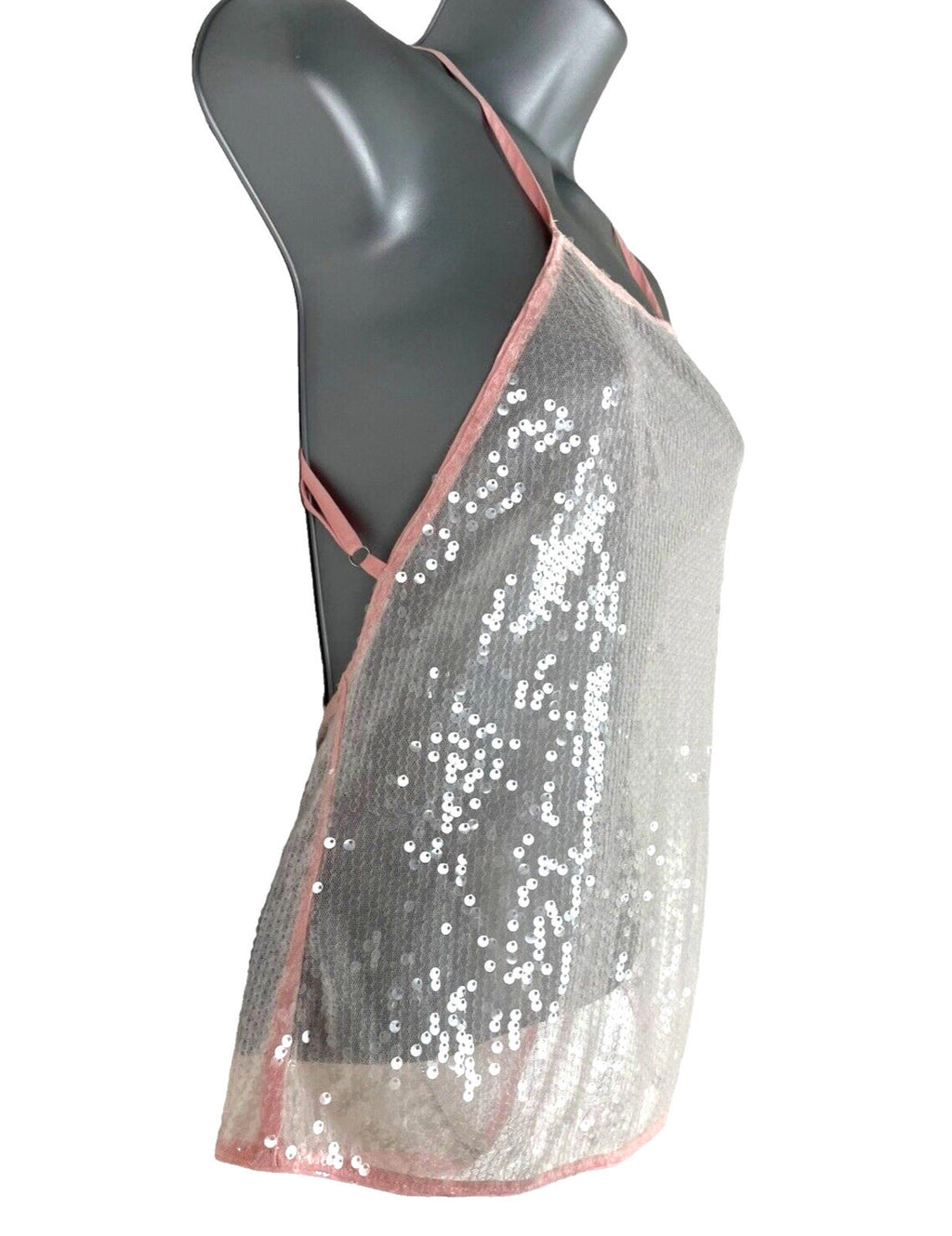 Pretty Little Thing Sheer Sequin Tank Top Backless Women's UK Size 8